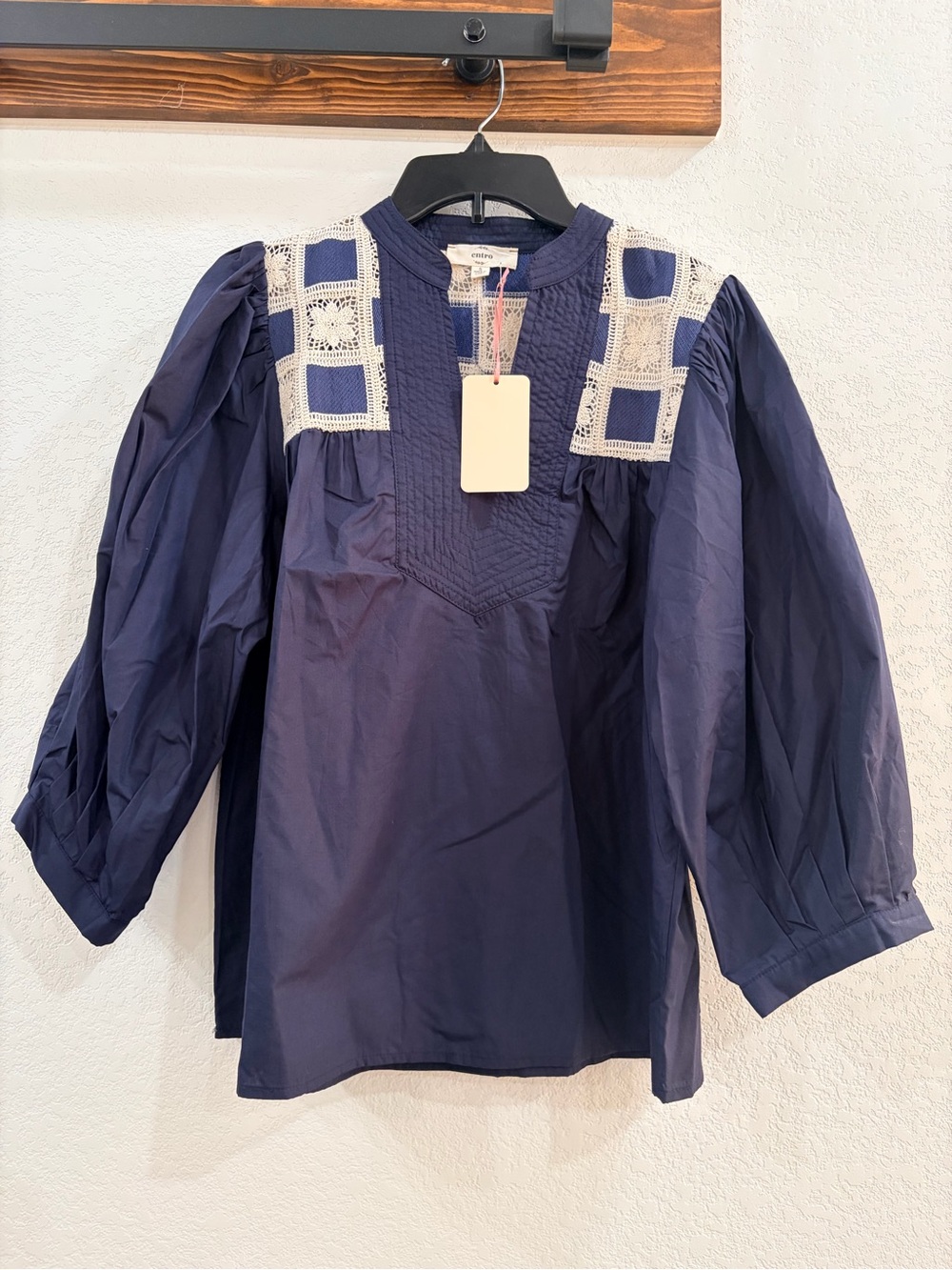 Navy Crochet-Yoke Poplin Blouse - Entro